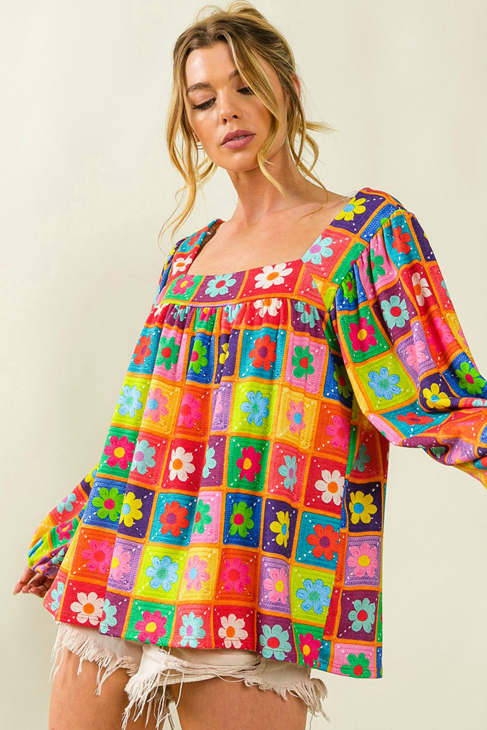 Multicolor Flower Pattern Lantern Sleeve Square Neck Top