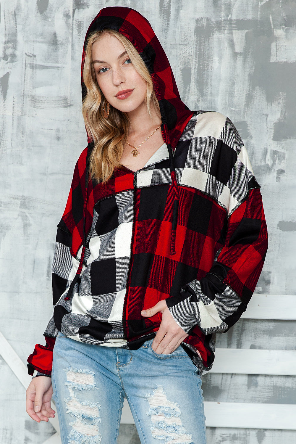 Multicolor Patchwork Buffalo Plaid Hooded Top