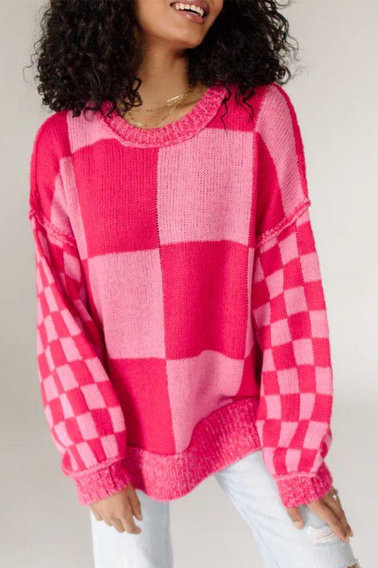 Rose Red Checkered Drop Sleeve Knit Sweater