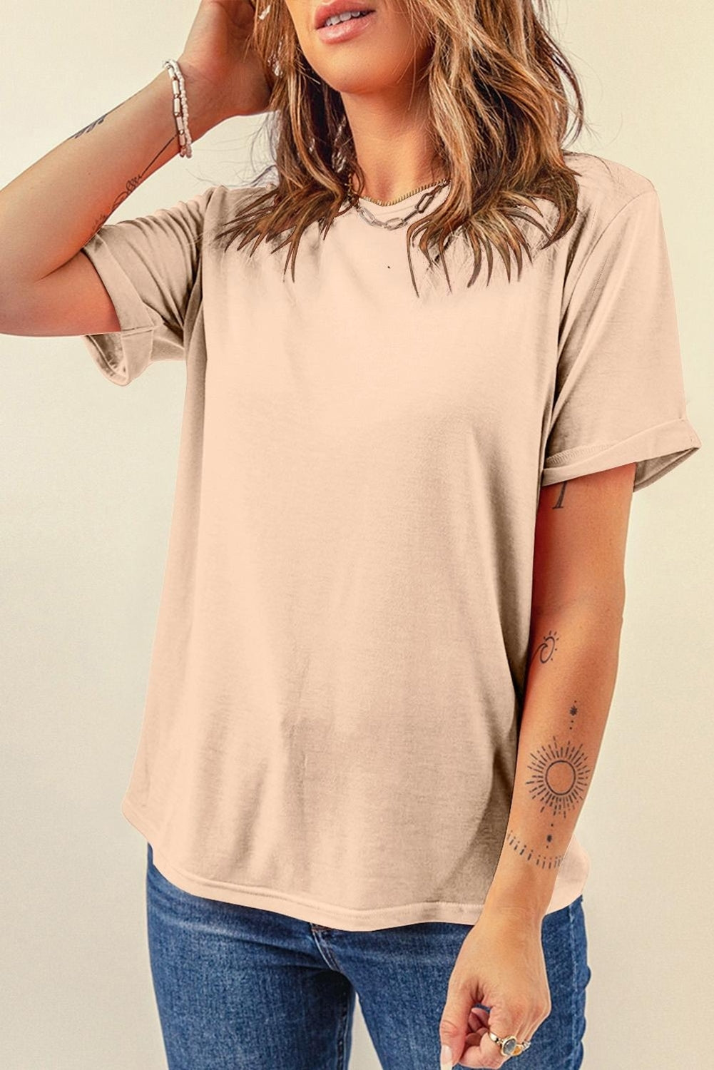 Rose Red Solid Color Crew Neck Roll Up Sleeve Tee