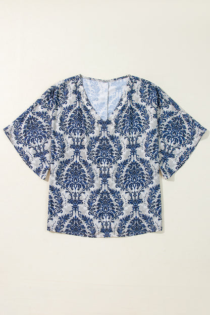 Blue Bohemian Print V Neck Flounce Sleeve Blouse