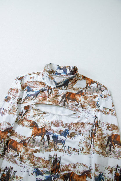 Brown Horses Print Cut-out Mock Neck Top