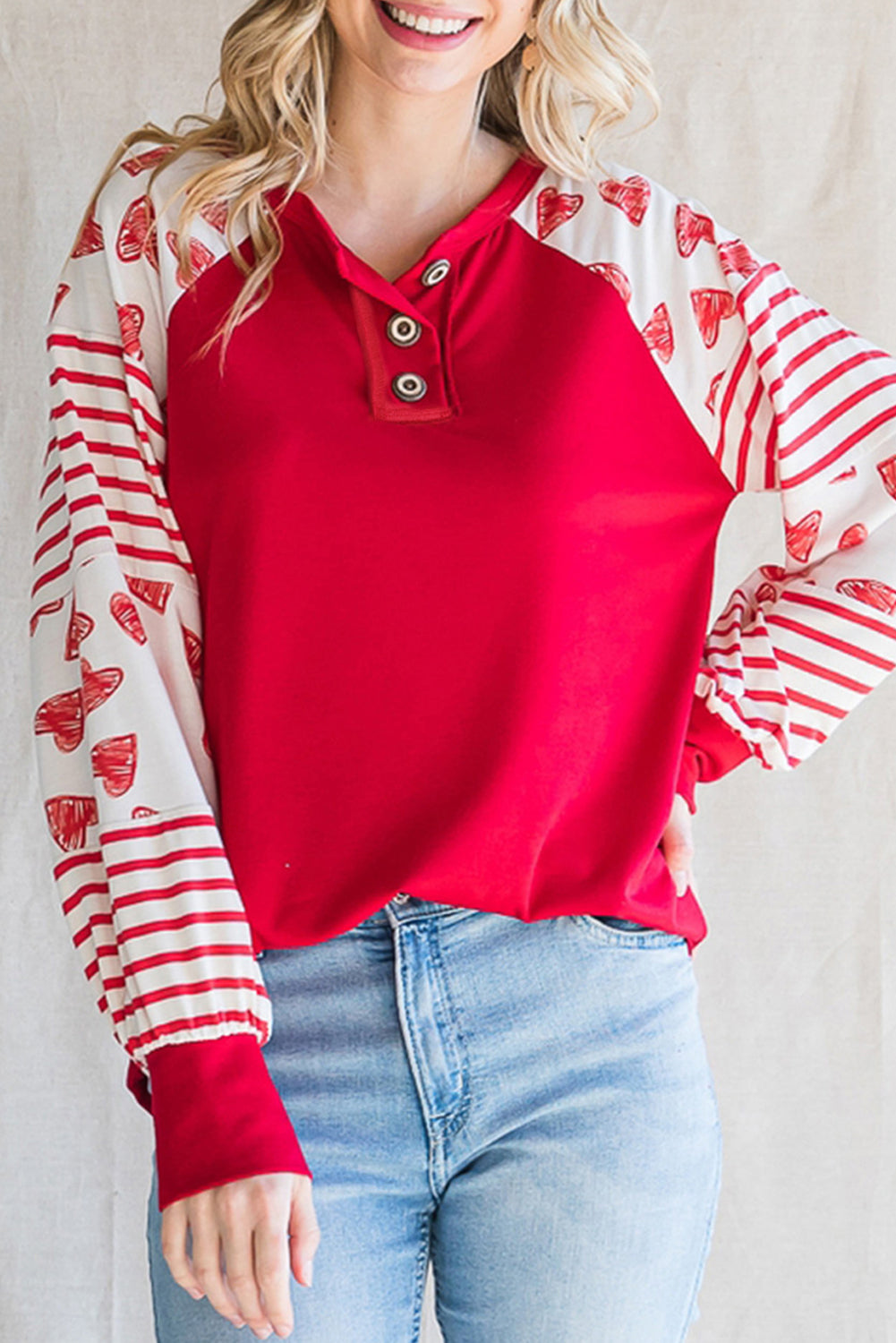 Fiery Red Heart Striped Raglan Sleeve Henley Top