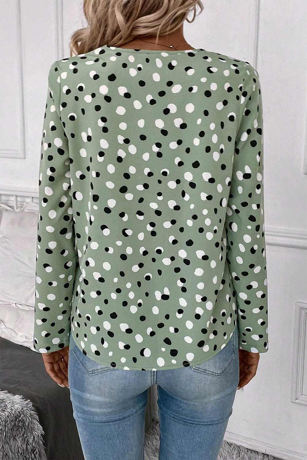 Green Dotted Print Button Front V Neck Blouse