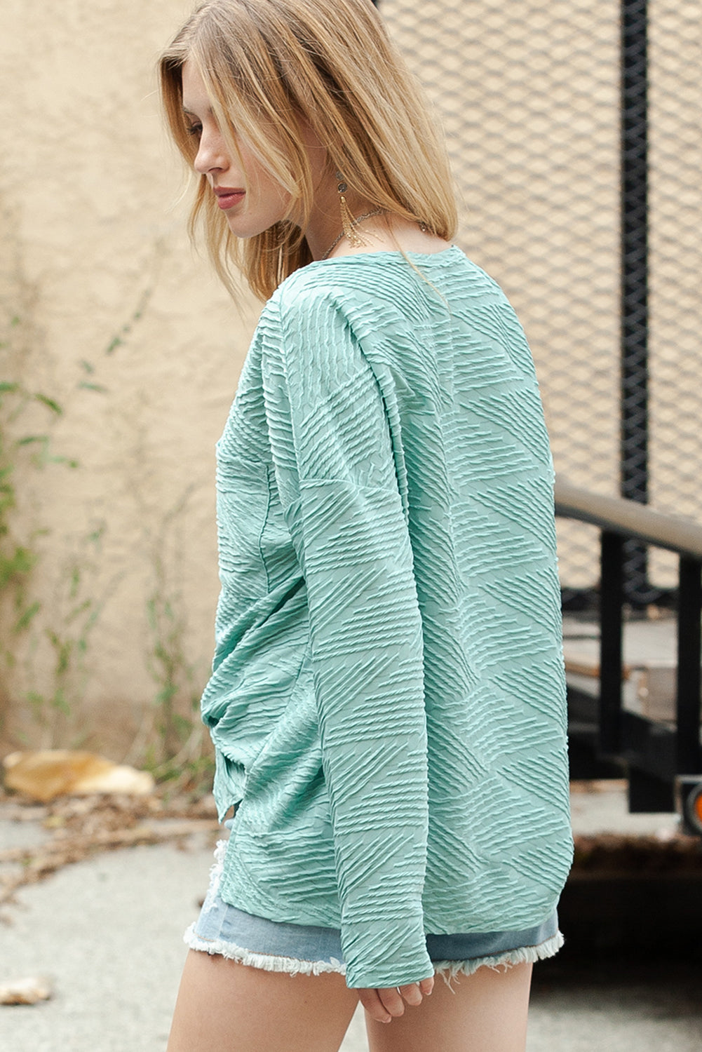 Green Textured Split V Neck Long Sleeve Top