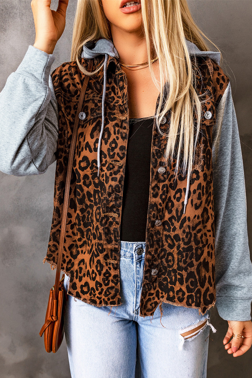 Cheetah Patchwork Ripped Raw Hem Jacket