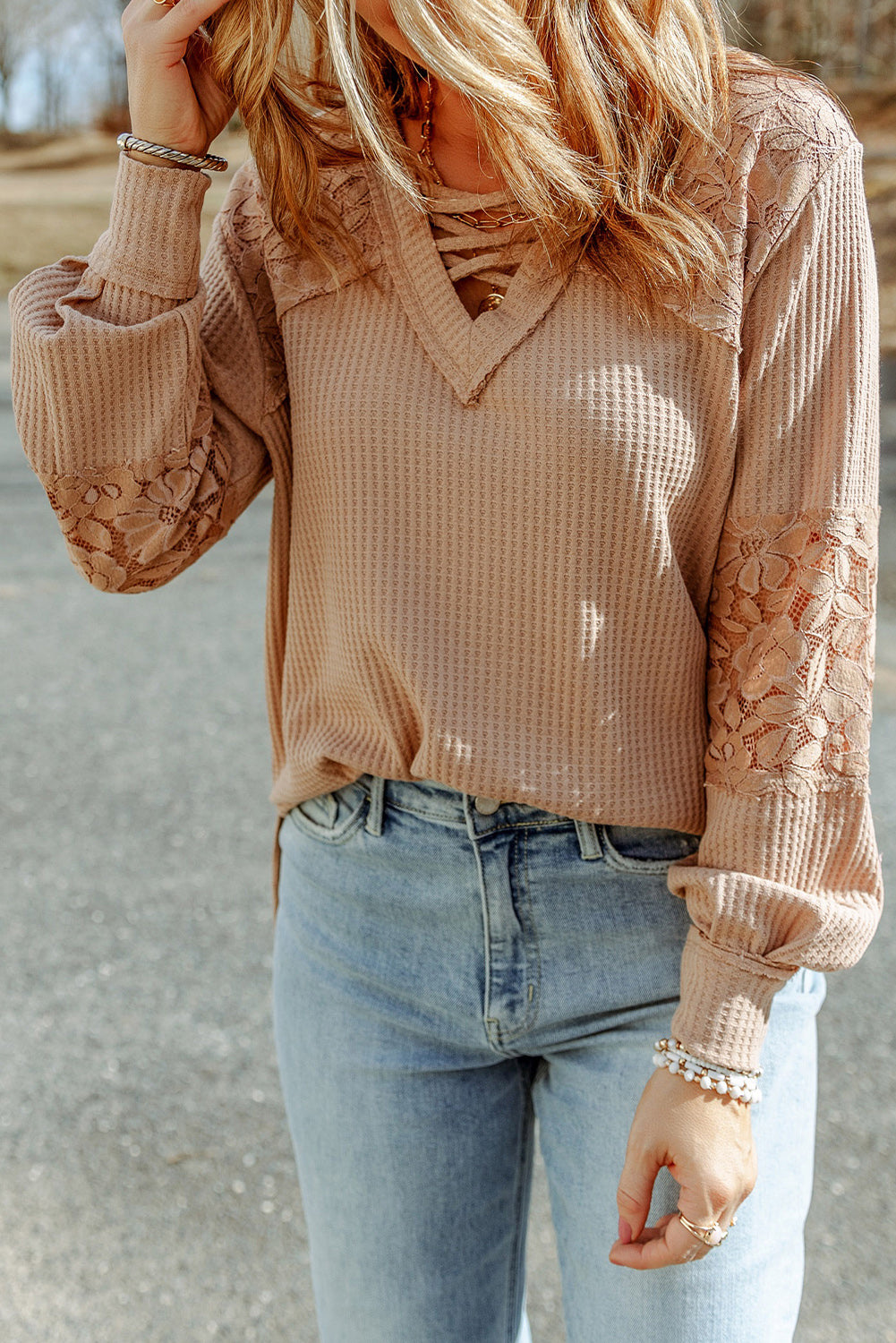 Pink Lace Waffle Knit Crisscross Straps V Neck Long Sleeve Top