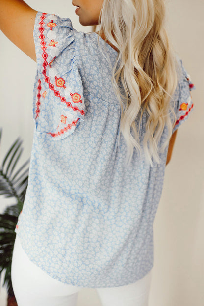 Sky Blue Boho Embroidered Floral Print Flutter Sleeve Blouse