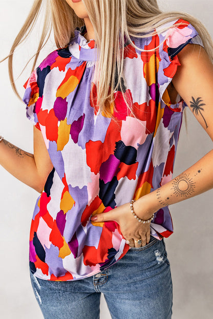 Multicolor Mock Neck Top Ruffle Sleeve Short Sleeve Blouse