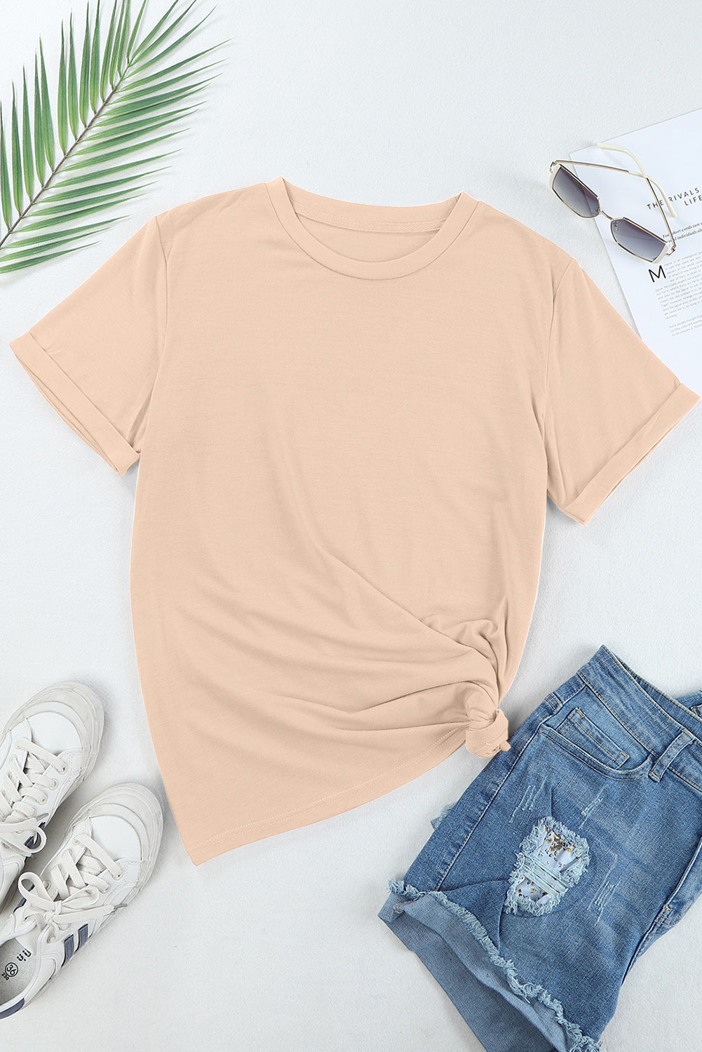 Rose Red Solid Color Crew Neck Roll Up Sleeve Tee