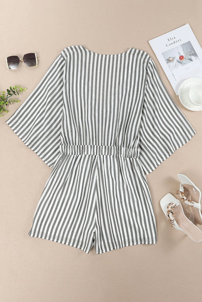 Grey Striped Print Tie Knot Front Romper With Pockets