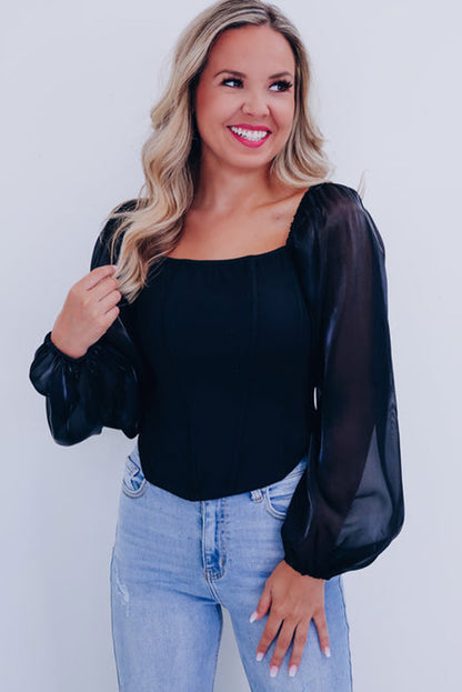 Black Sheer Lantern Sleeve Square Neck Top