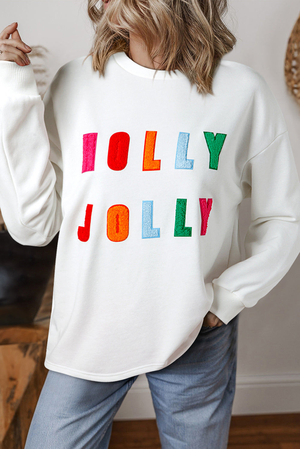 White Chenille Holly Jolly Graphic Long Sleeve Top