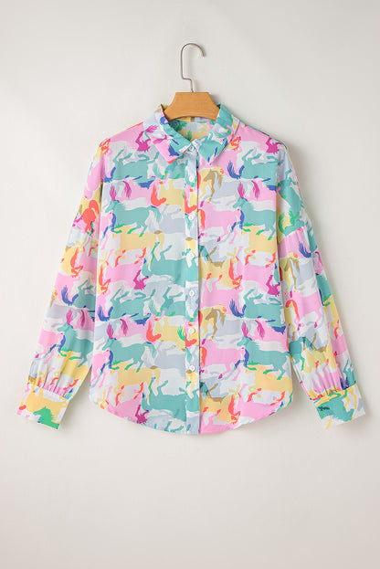White Colorful Horse Print Long Sleeve Shirt