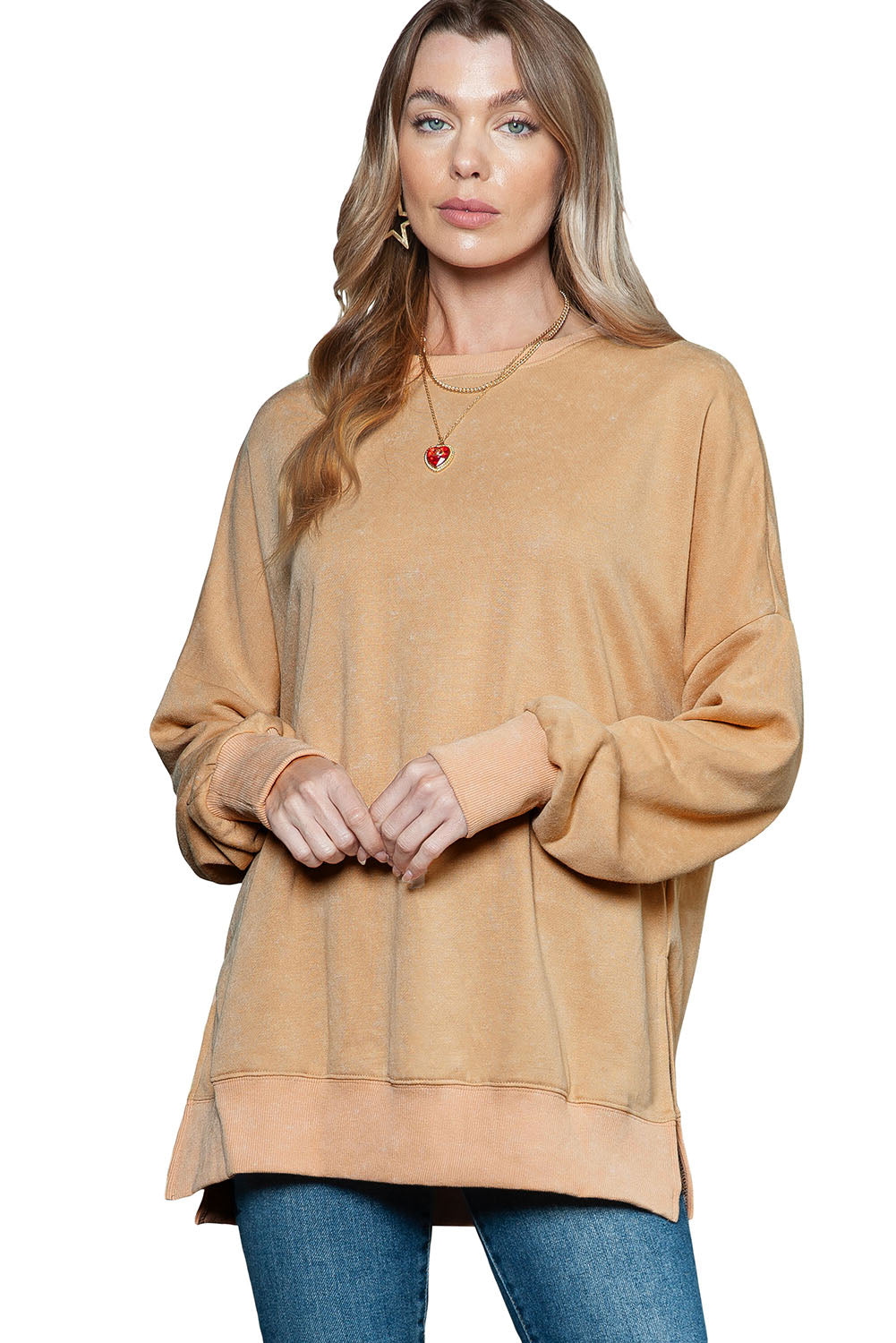 Pink Plain Drop Shoulder Trim Oversized Sweatshirt