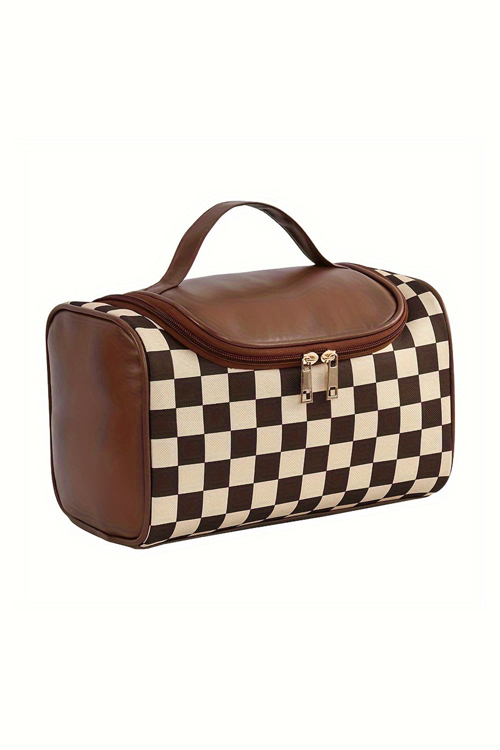 Black Checker Print Leather Zipper Makeup Bag