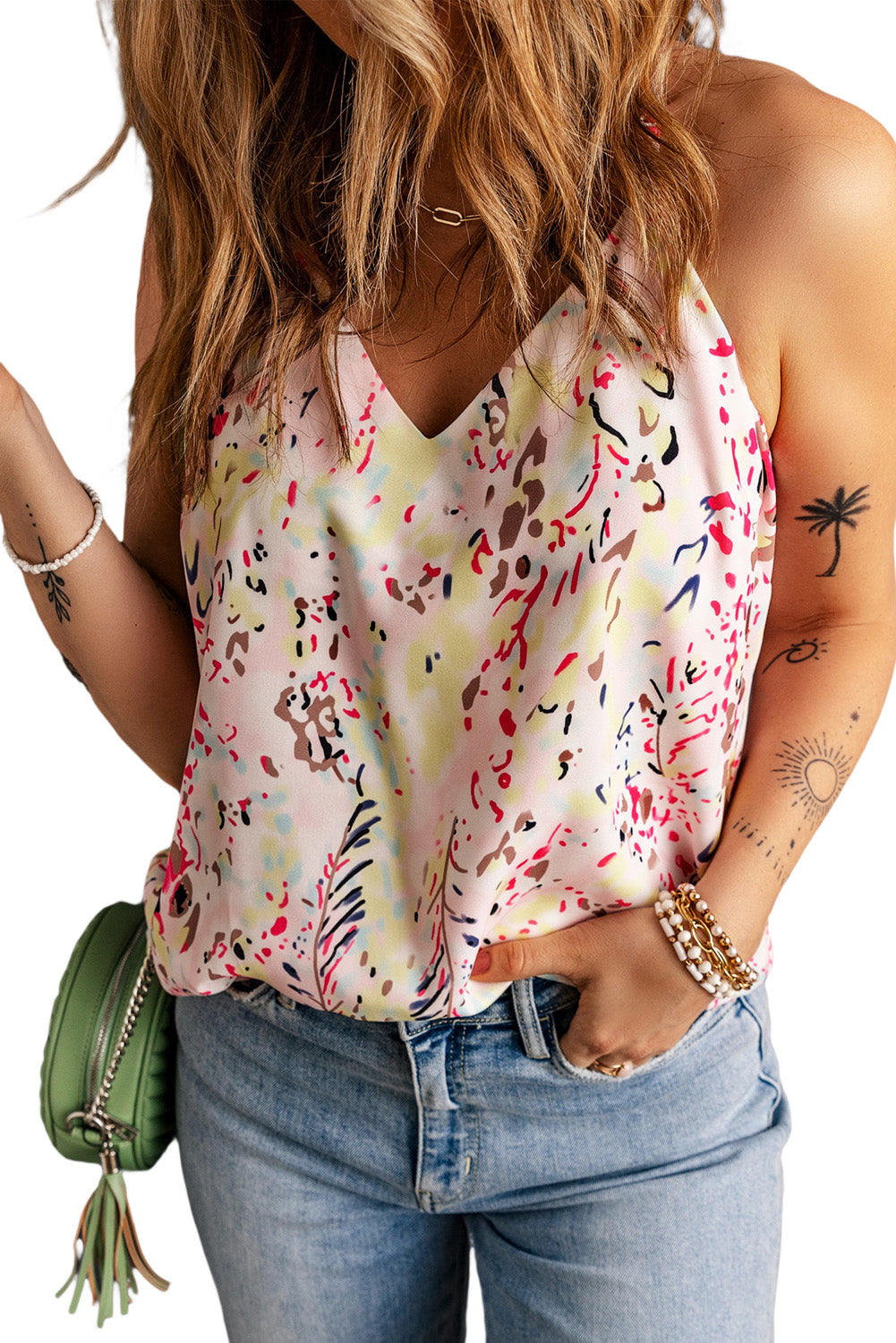 Multicolor Abstract Print Boho Color Block Spaghetti Strap Camisole