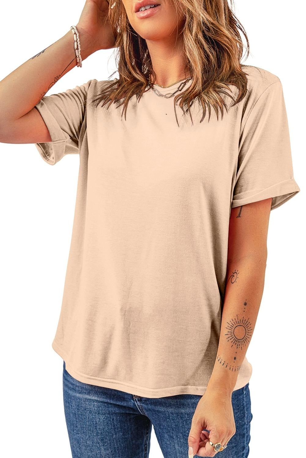 Rose Red Solid Color Crew Neck Roll Up Sleeve Tee