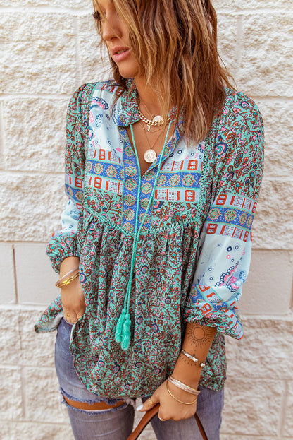 Floral Print Split V Neck Puff Sleeve Tunic Top