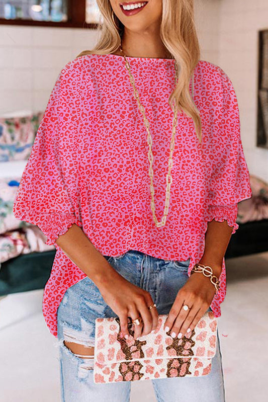 Pink Leopard Puff Sleeve Shirred Cuffs Oversized Blouse