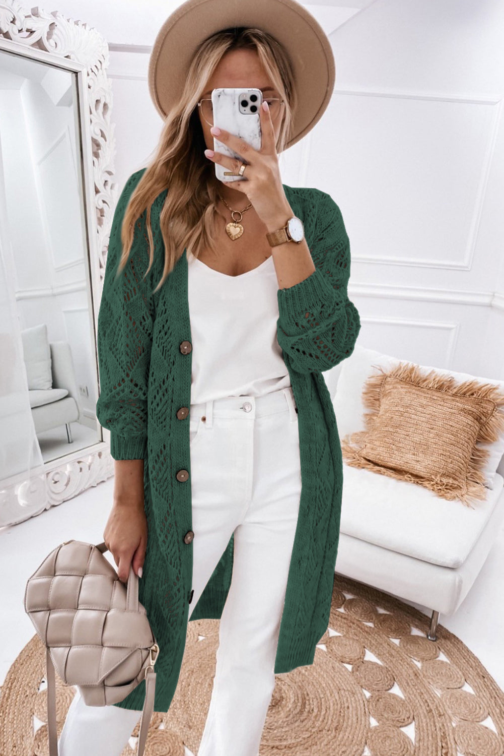 Khaki Button Up Hollow Out Loose Long Cardigan