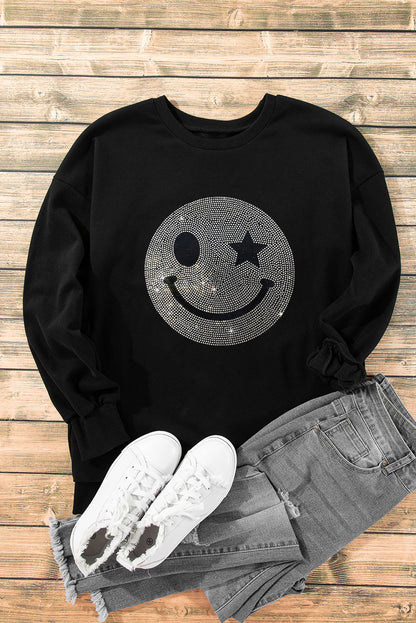 Black Rhinestone Smile Face Pattern High Low Hem Sweatshirt