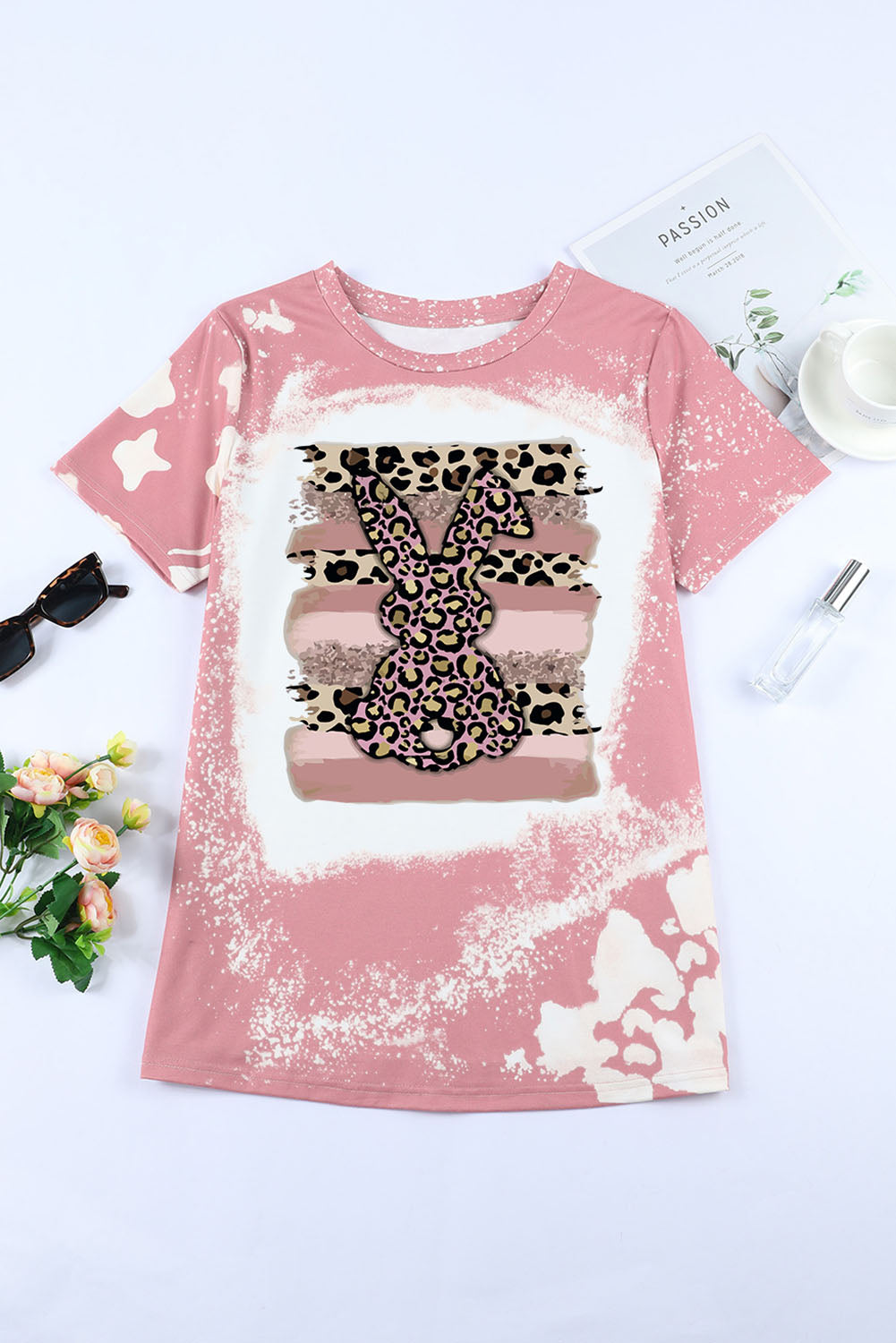 Pink Easter Rabbit Leopard Tie Dye Graphic T Shirt