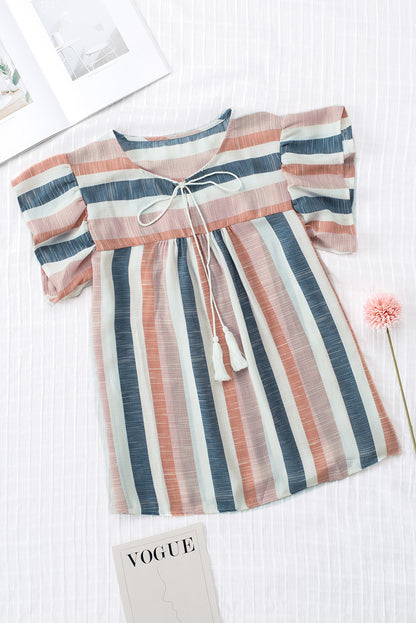 Pink and Blue Stripes Shirt Flutter Sleeve V Neck Blouse