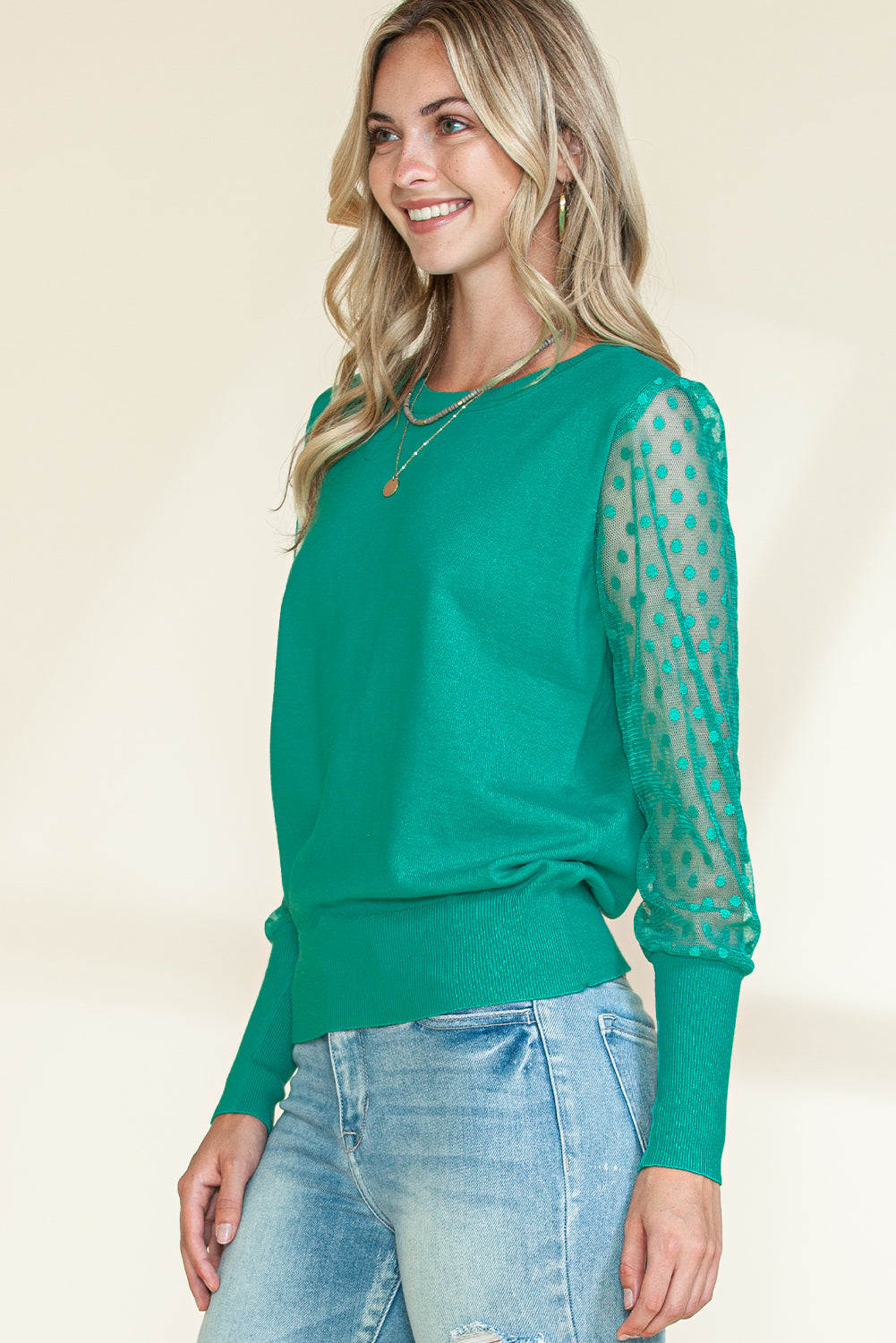 Green Dotted Mesh Puff Sleeve Top