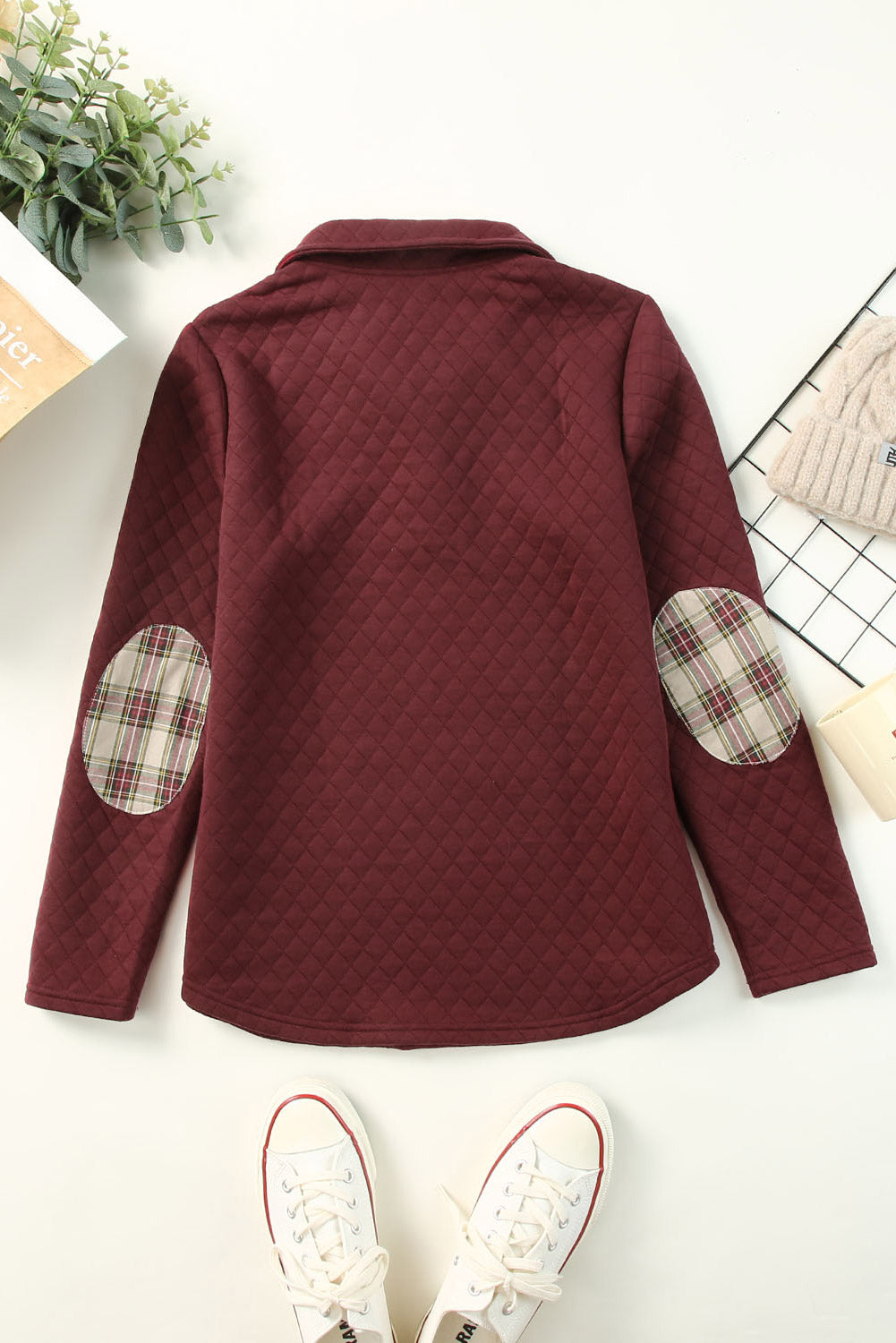 Green Plaid Geometric Texture Trim Buttons Neck Quilted Sweatshirt