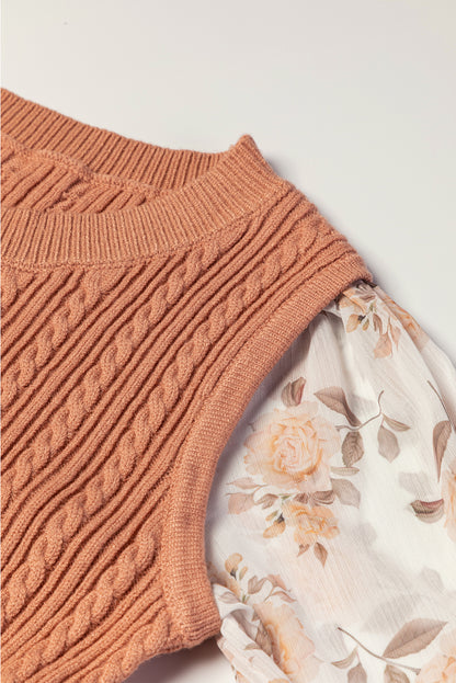 Floral Patchwork Ruffled Cuff Sleeve Cable Knit Sweater