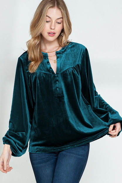 Skobeloff Velvet Henley Beaded Lantern Sleeve Top