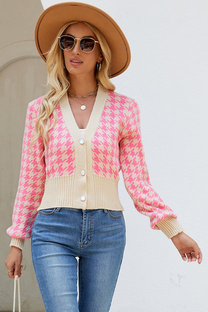 Pink Houndstooth Cropped Knit Cardigan