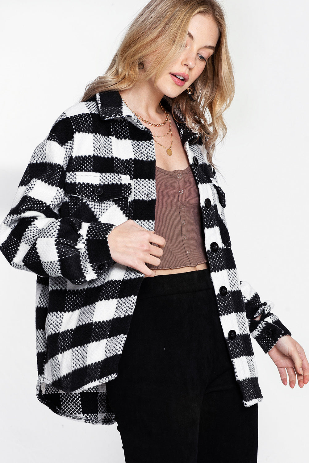 Black & White Elegant Plaid Textured Flap Pocket Shacket