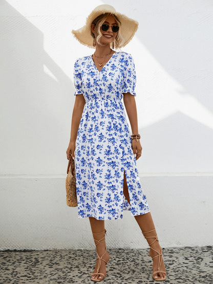 Slit Printed V Neck Short Sleeve Casual Dress