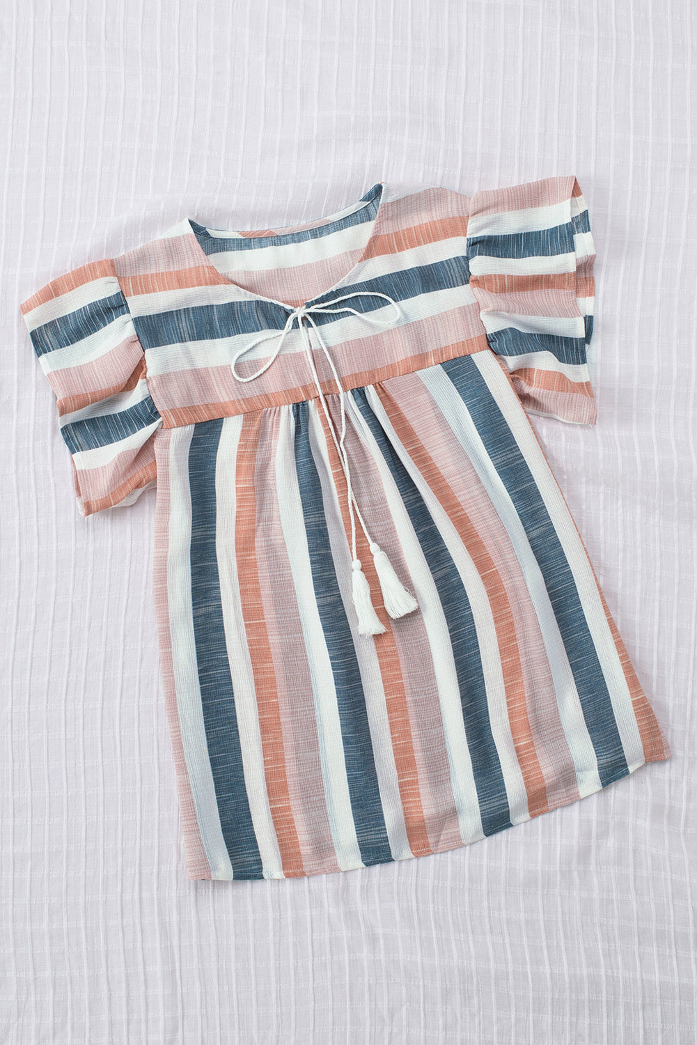 Pink and Blue Stripes Shirt Flutter Sleeve V Neck Blouse