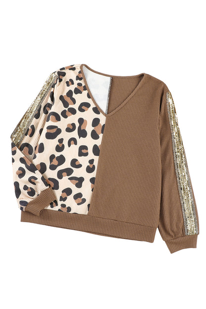 Brown Leopard Print Color Block Waffle Knit V Neck Long Sleeve Top