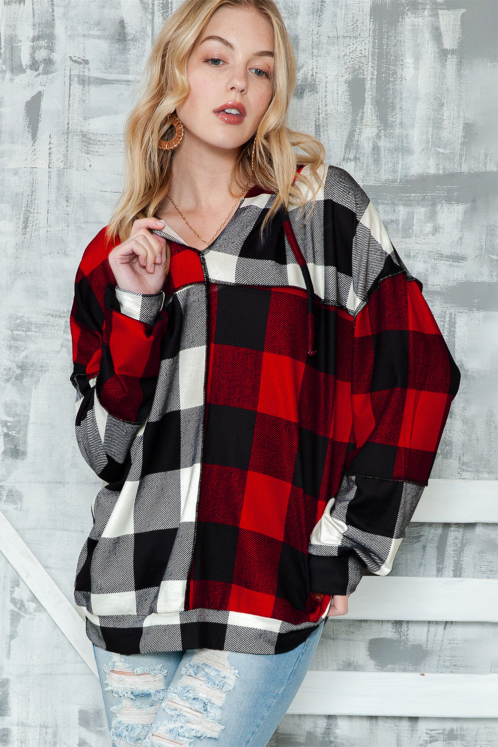 Multicolor Patchwork Buffalo Plaid Hooded Top