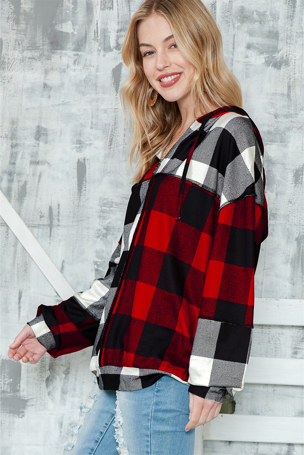 Multicolor Patchwork Buffalo Plaid Hooded Top