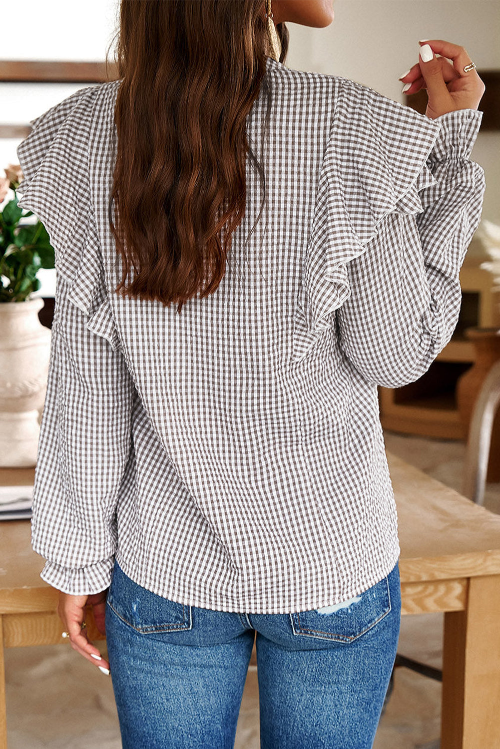 Brown Plaid Puff Sleeve Ruffle Blouse