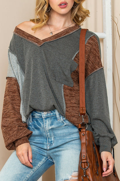 Brown Exposed Seam Patchwork V Neck Long Sleeve Top