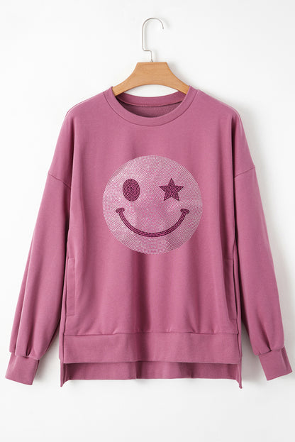 Black Rhinestone Smile Face Pattern High Low Hem Sweatshirt