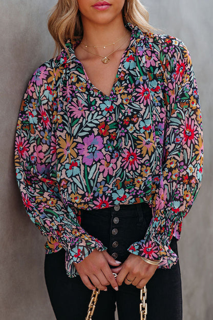 Multicolor Floral Boho Tie V Neck Peasant Blouse