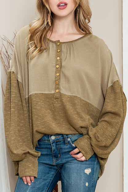 Khaki Ribbed Patchwork Bishop Sleeve Henley Top