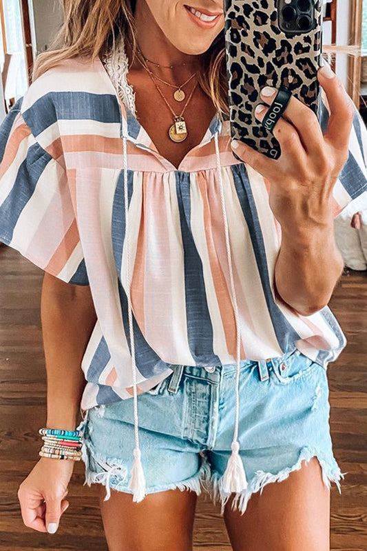 Pink and Blue Stripes Shirt Flutter Sleeve V Neck Blouse