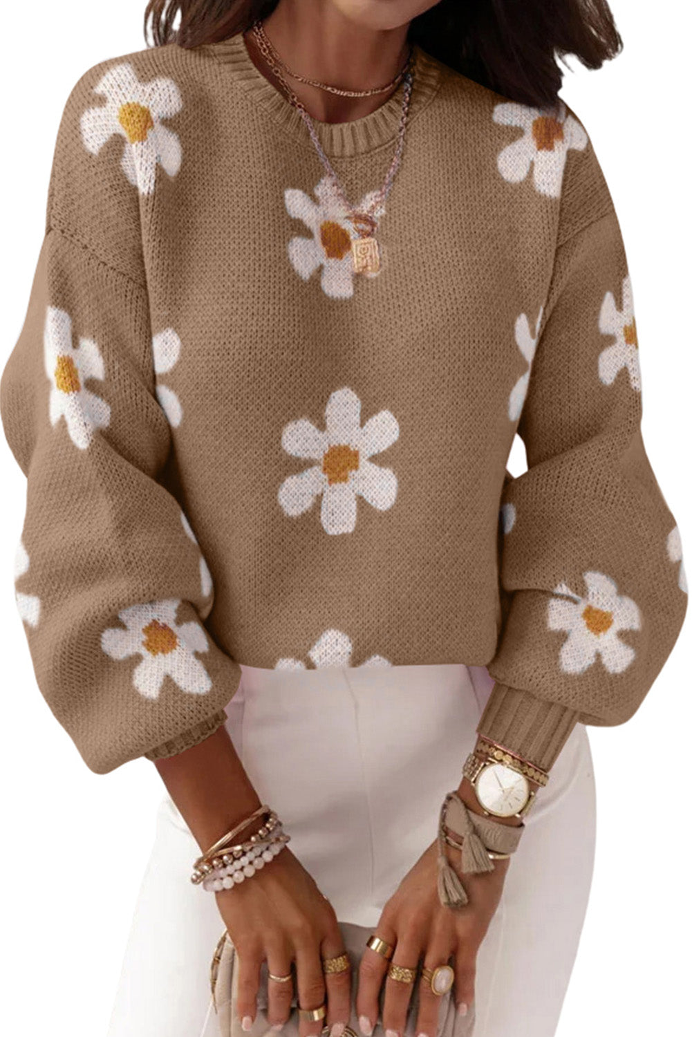 Pink Floral Pattern Drop Shoulder Pullover Knit Sweater