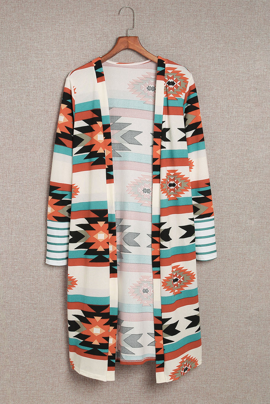 Multicolor Striped Cuffs Geometric Print Color Block Long Cardigan