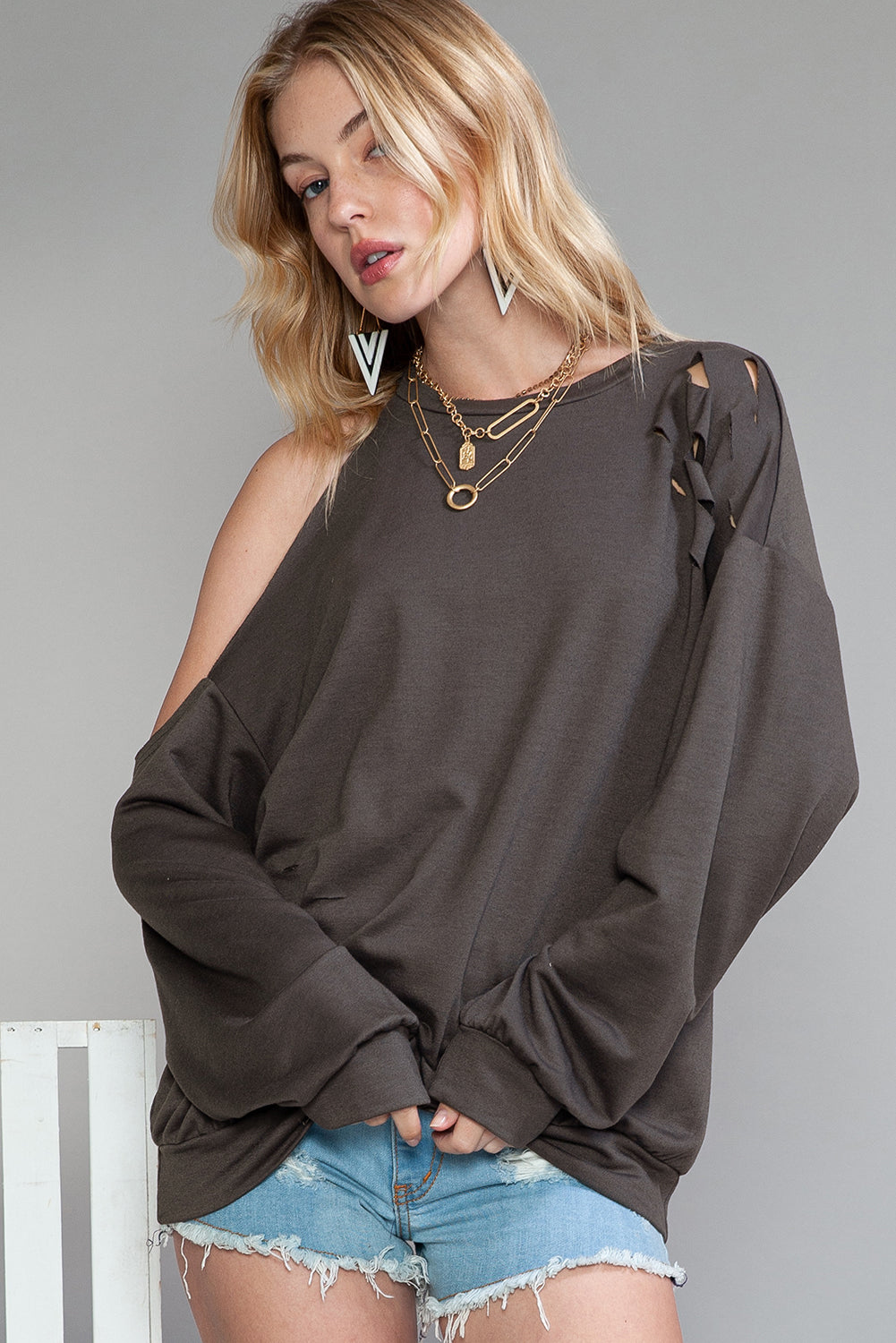 Grey Ripped Cold Shoulder Drop Sleeve Top