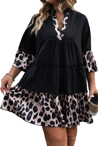 Black Leopard Patchwork Split Neck Ruffle Plus Size Dress