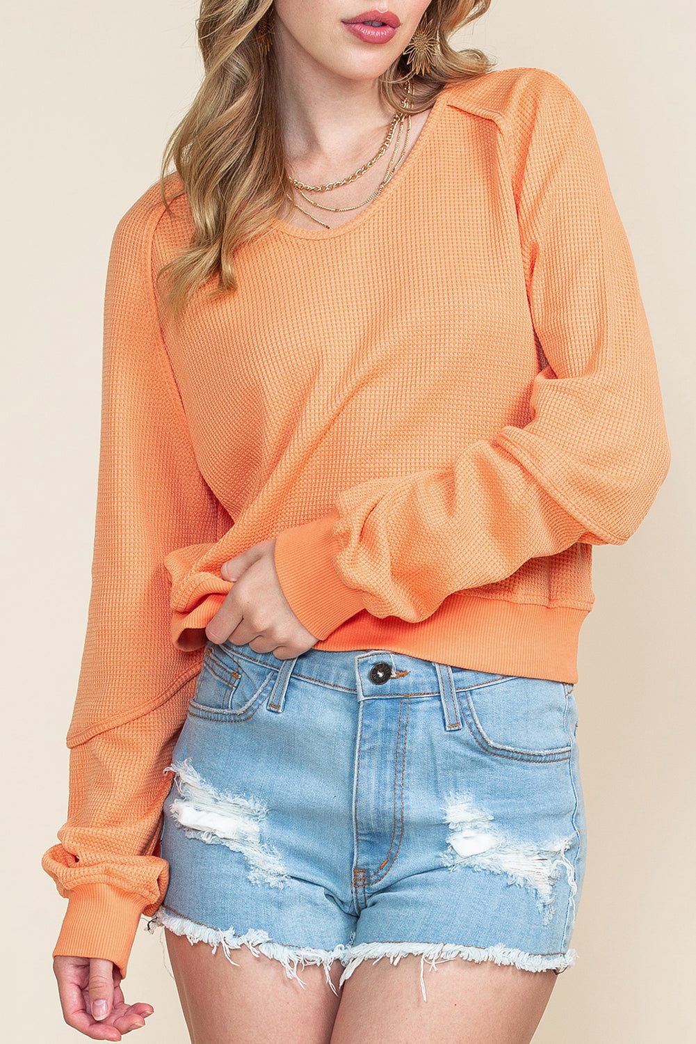 Orange Waffle Knit Exposed Seam Long Sleeve Top